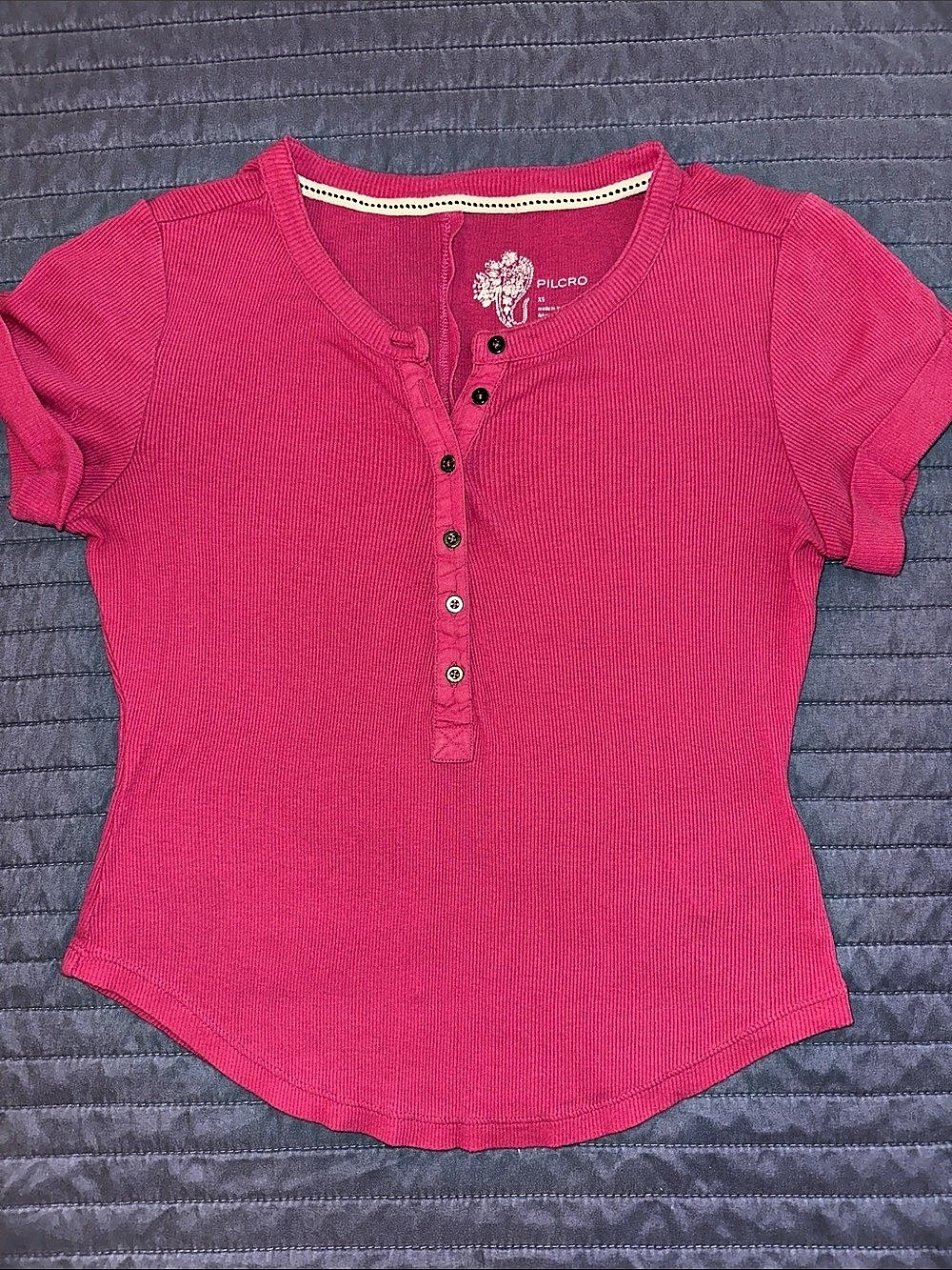 Pilcro Andie Ribbed Henley Top Pink Short Sleeve Size XS